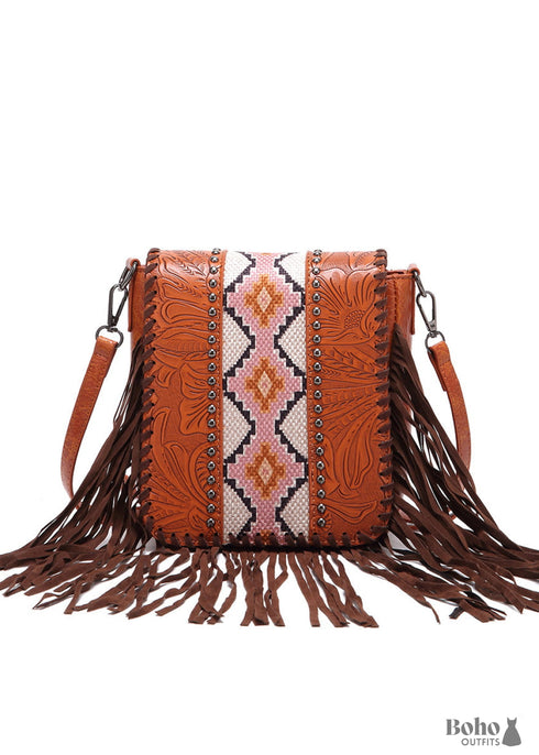 Boho Leather Carved Shoulder Bag